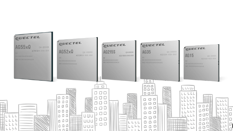 image with Quectel AG55xQ, AG52xQ, AG215S, AG35 and AG15 modules above cartoon drawing of tall buildings and animated car with Wi-Fi signal over roof 'driving' past