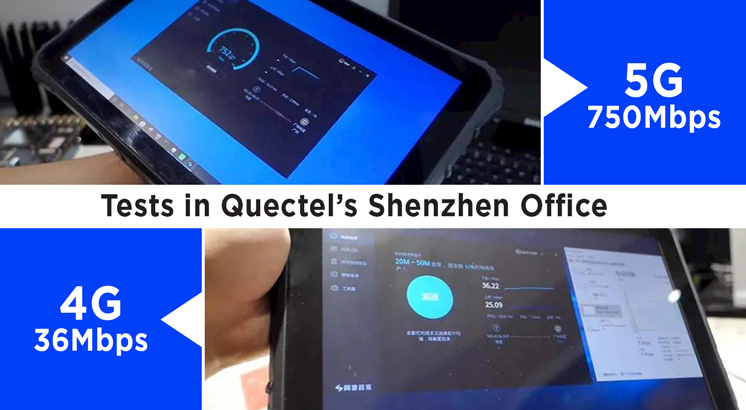 montage of images and graphics and data on tablets from tests in Quectel's Shenzen's office