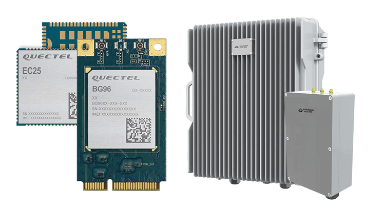 Quectel's EC25 and BG96 modules next to Furukawa Electric LatAm's agribusiness system equipment
