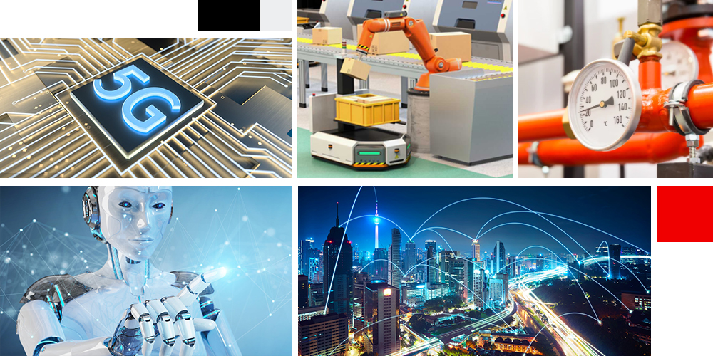Montage of use cases for 5G modules inclusing robot, robotic arm in factory and pressure gauge on machinery
