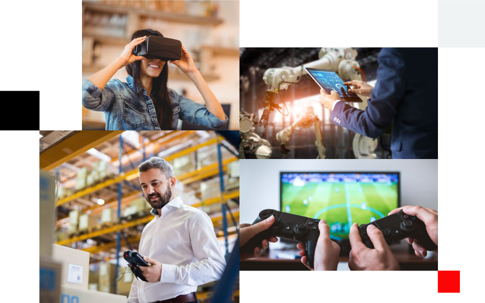 montage of use cases for Quectel's 5G RM502Q-AE module including woman wearing VR headset, man using tablet to operate robot in factory, man in warehouse checking stock with handset and hands of tow people holding controllers in front of football game on tv screen