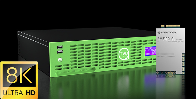 TVU router with '8K Ultra HD' badge on left and QM10Q-GL module on right of image