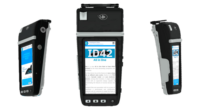 A front and side view of an Intelligent Data POS device
