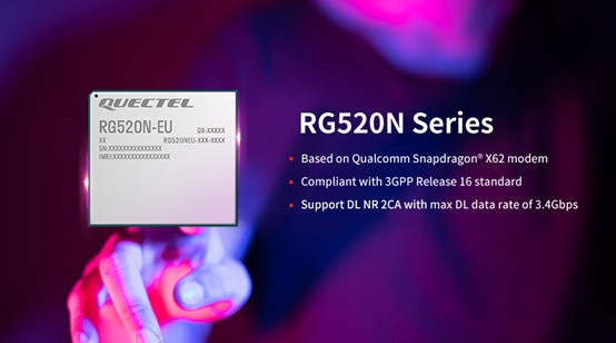 Blurred person in background extending forefinger and pointuing towards foreground under RG520N-EU 5G module on left and heading and bulletpoints on right: 'RG520N Series - Based on Qualcomm Snapdragon X62 modem - Compliant with 3GPP Release 16 standard - Support DL NR 2CA with max DL data rate of 3.4Gbps'