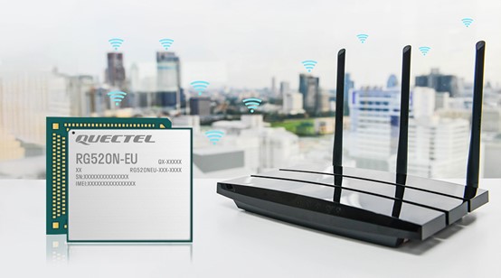 Cityscape in bacground with Wi-Fi signal icons over buildings, RG520N-EU 5G module in foregrouns with router