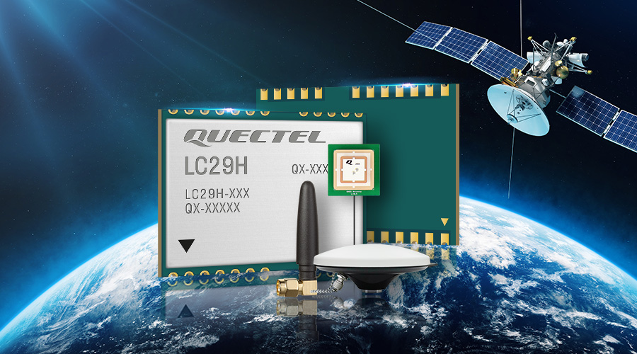Quectel's LC29H module superimpossed on curve of planet with satellite circling above