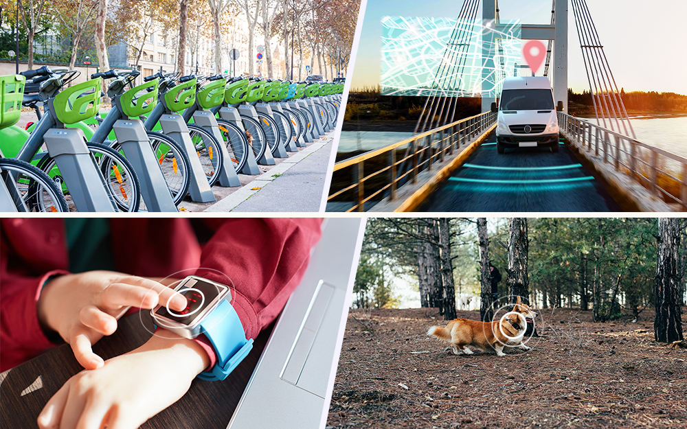 montage of use cases for ultra-low power GNSS including smart watch and electric bicycles on station