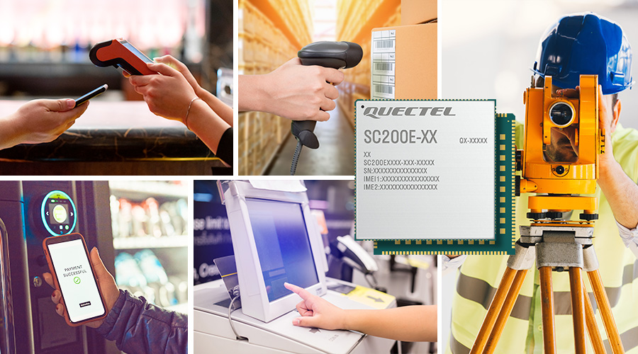 Montage of use cases for SC200E-XX series including POS terminal, barcodes in warehouse being scanned by gun, and mobile phine being held to complete ttransaction