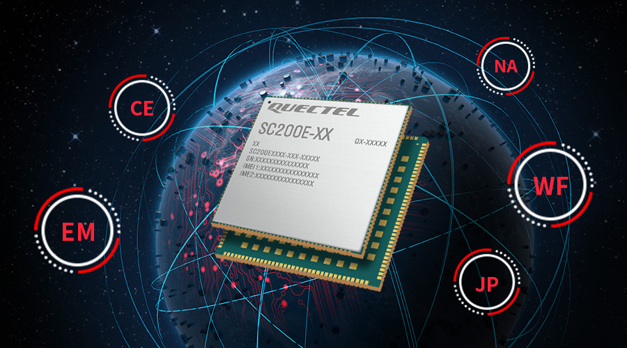 image of SC200E-XX module against dark planet globe and surrounded by circular icons containing the letters 'EM', 'CE', 'NA', 'WF' and 'JP'
