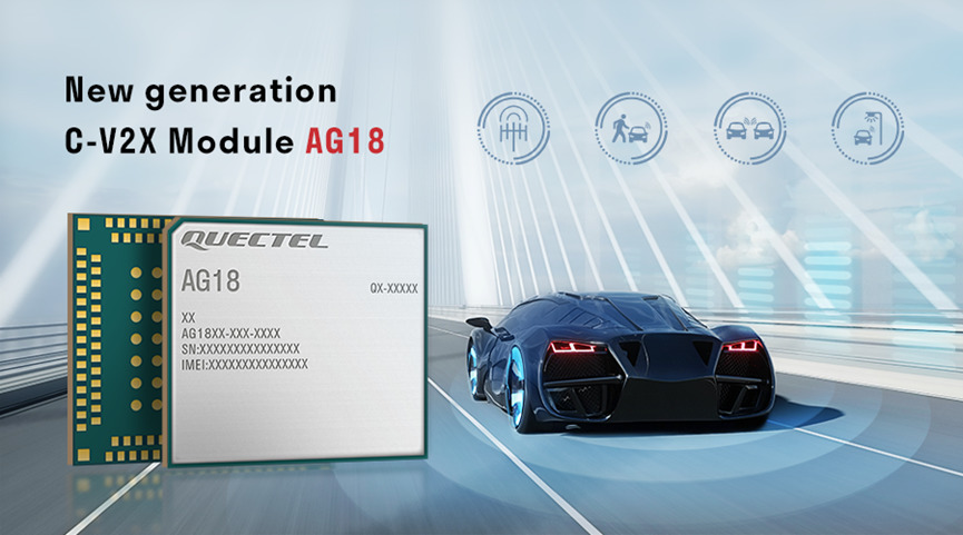 Car next to image of c-v2x module: Quectel AG18 and text' New generation C-V2X Module AG18'