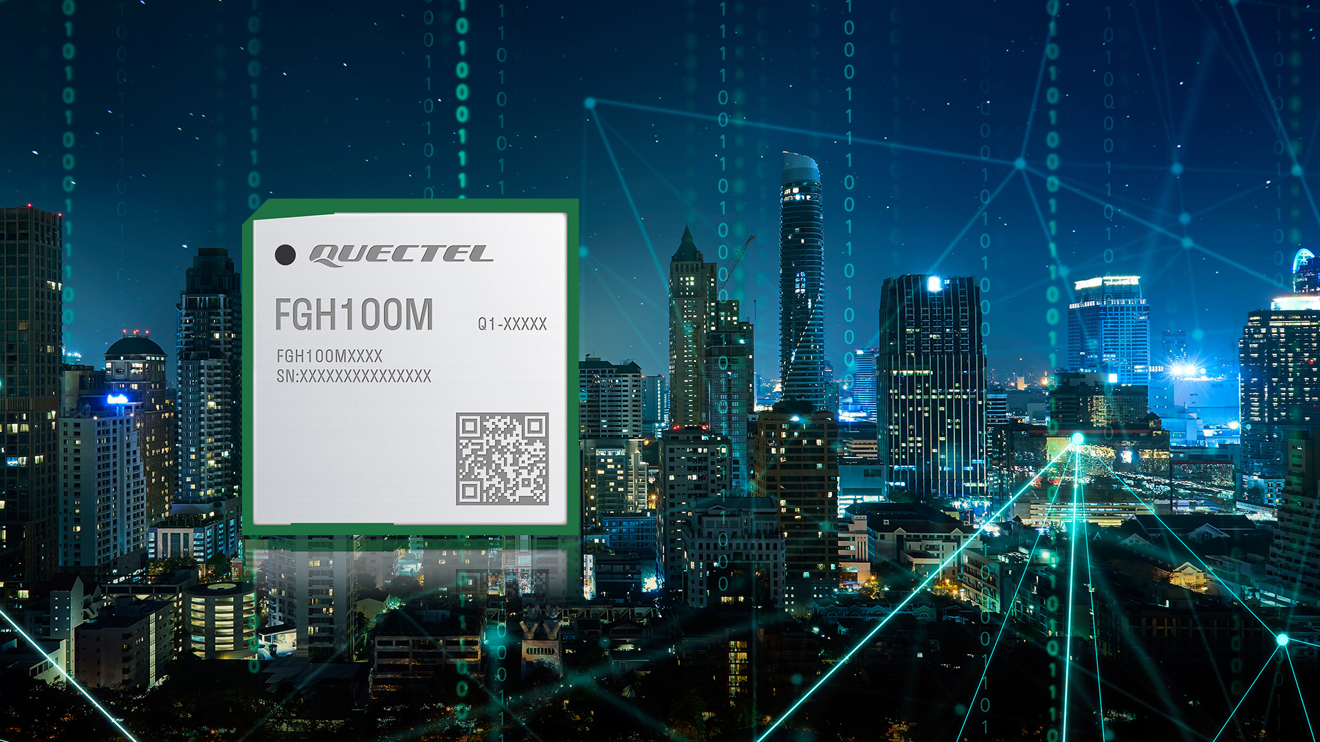 Skyscrapers in city lit up at night overlaid with lines of binary code and image for FHH100M module, which adopts the Wi-Fi HaLow networking protocol