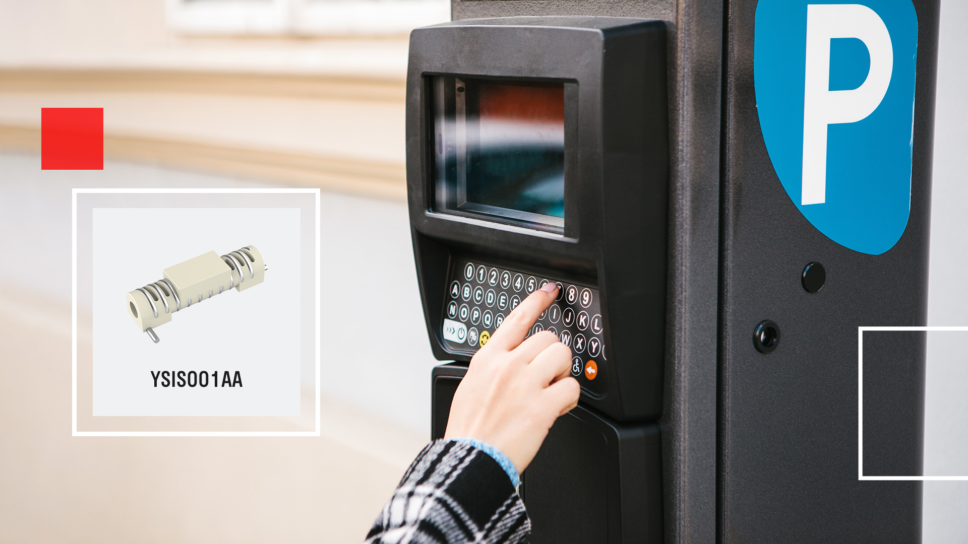 hand keying in details on parking meter with image of YSIS001AA module overlaid