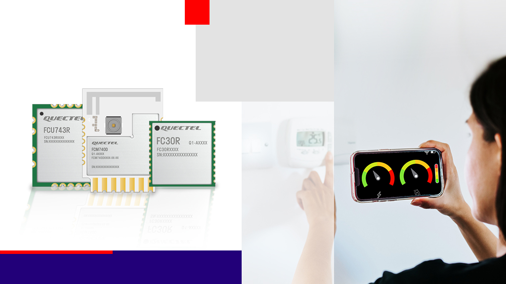montage of FCU743R, FCM7400 and FC30R modules next to woman operating smart heating system from mobile device