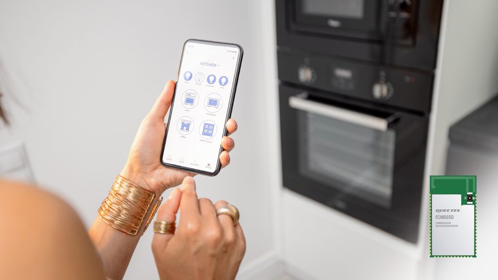Woman using smart home device with edge AI module