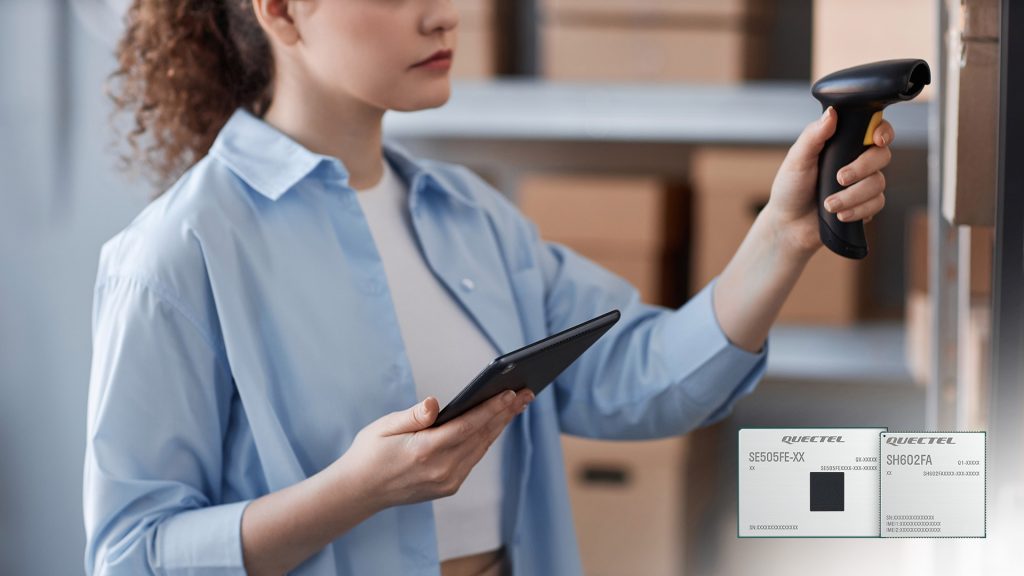 Woman using a handheld digital scanner and a tablet device with Android 16 module