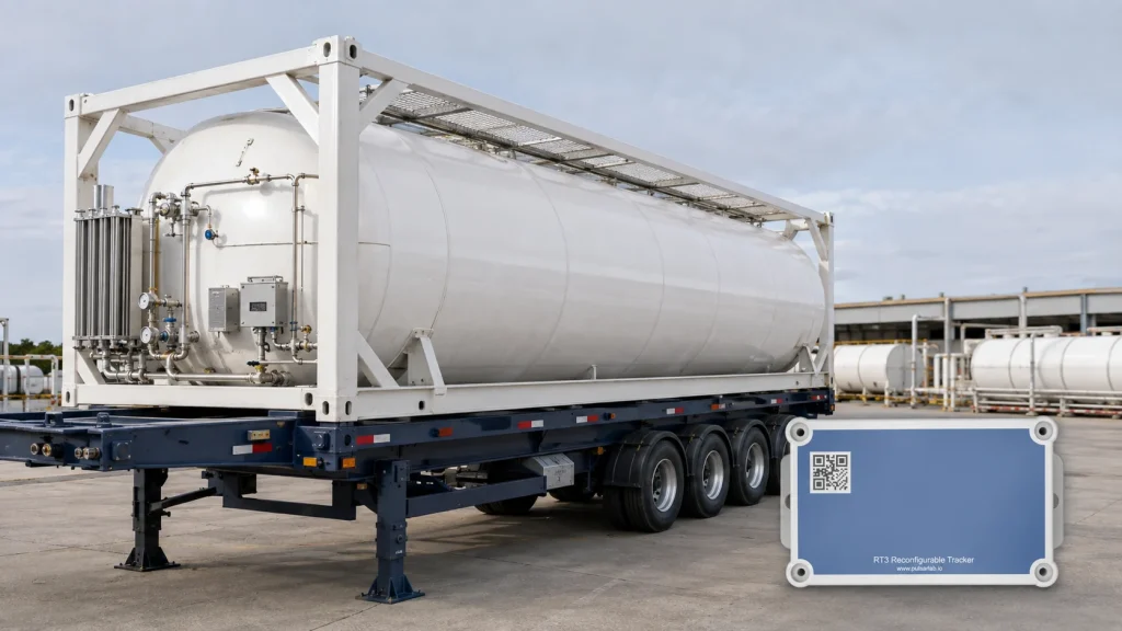 IoT asset tracker displayed in front of industrial gas container 