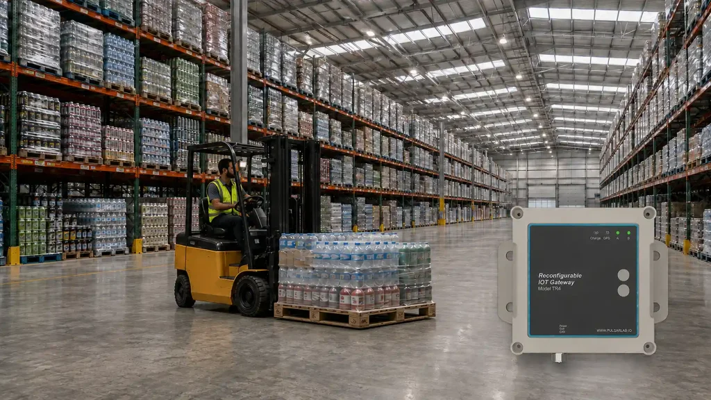 IoT gateway displayed in front of forklift in warehouse